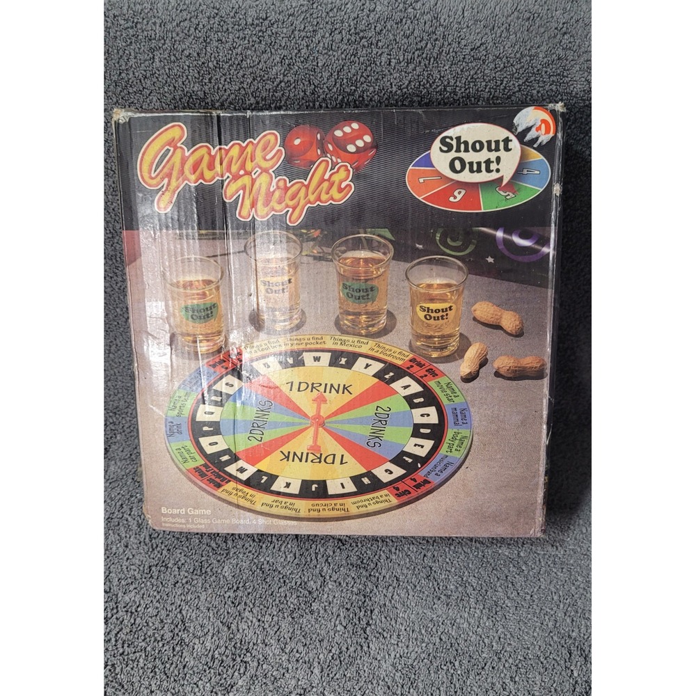 Shout Out Game Night Adult Drinking Board Game Glass Spinner 4 Shot Glasses